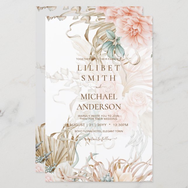 BOHO Pampas Grass Blommigt Coral Sage Bröllop (Fram/baksida)