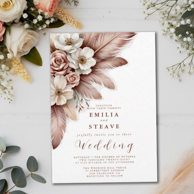 Boho Pampas Grass Blommigt Cream Ro Bröllop Inbjudningar (Skapare uppladdad)