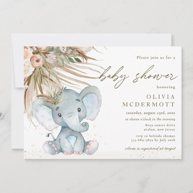 Boho Pampas Grass Blommigt Elephant Baby Shower Bo Inbjudningar (Framsida)