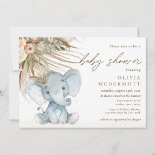 Boho Pampas Grass Blommigt Elephant Baby Shower Bo Inbjudningar