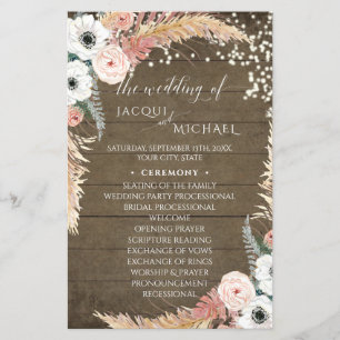 Boho Pampas Grass Blommigt Rustic Bröllopsprogram