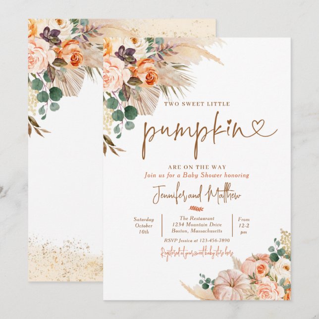 Boho Pampas Grass Blommigt Twin Pumpkin Baby Showe Inbjudningar (Fram/baksida)