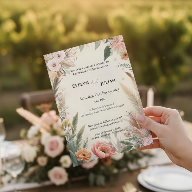 Boho Pampas Grass Blommigt Wedding bjudande Inbjudningar (Skapare uppladdad)