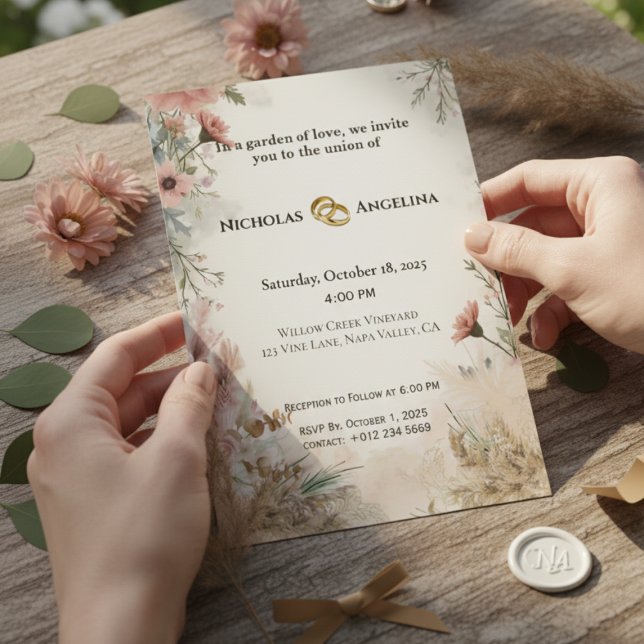 Boho Pampas Grass Blommigt Wedding bjudande Inbjudningar (Skapare uppladdad)