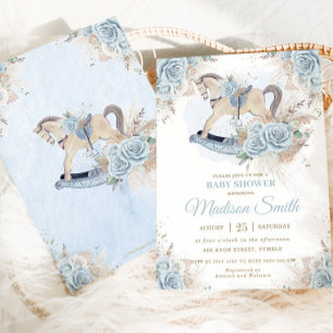 Boho Pampas Grass Blue Blommigt Rocking Horse Baby Inbjudningar