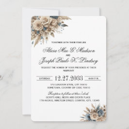 Boho Pampas Grass Blue Florals Elegant Inbjudningar