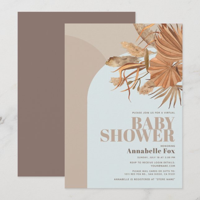 Boho Pampas Grass Blue Virtuell Baby Shower Inbjudningar (Fram/baksida)
