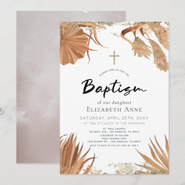 Boho Pampas Grass Botanical Baptism Inbjudningar (Fram/baksida)