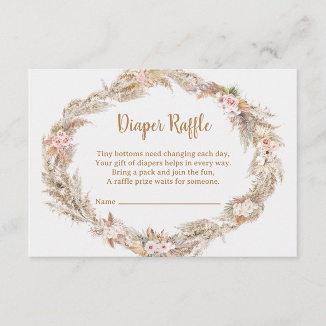 Boho Pampas Grass Diaper Raffle Card | Dusty Rose Tilläggskort (Framsida)