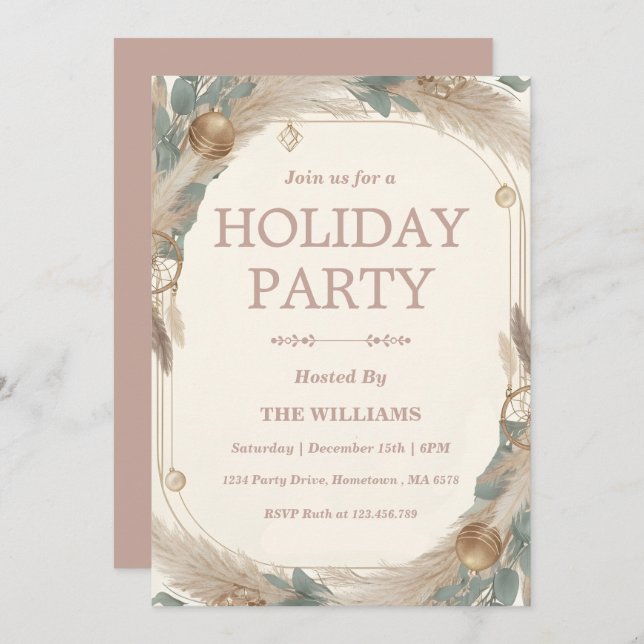 Boho Pampas Grass & Dreamcatcher Holiday Inbjudningar (Fram/baksida)