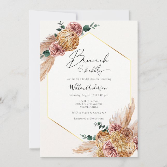 Boho Pampas Grass Dried Bouquet Brunch och Bubly Inbjudningar (Framsida)