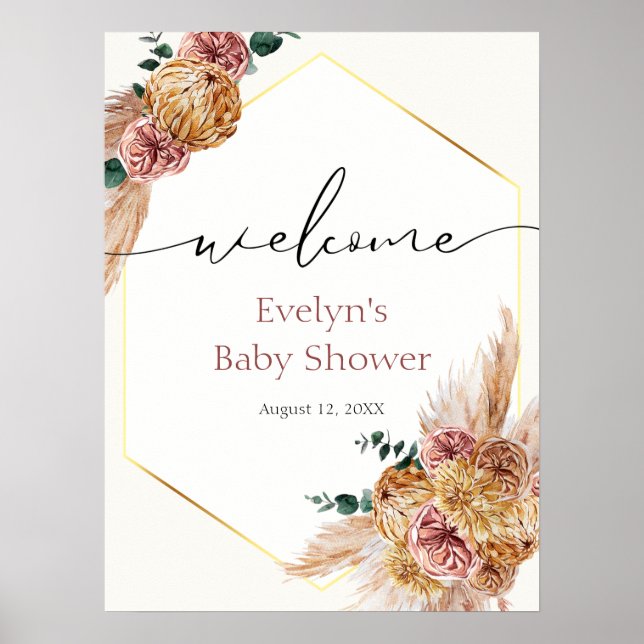 Boho Pampas Grass Dried Bouquet Shower Välkommen Poster (Framsidan)