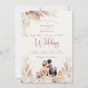 Boho Pampas Grass  Dusky Rosa Bröllop Invita Inbjudningar