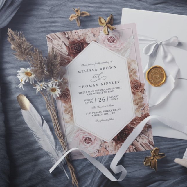 Boho Pampas Grass Dusty Floral QR Code Wedding Inbjudningar (Skapare uppladdad)