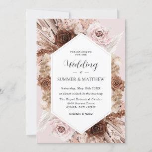 Boho Pampas Grass Dusty Rosa Brown Blommigt Bröllo Inbjudningar