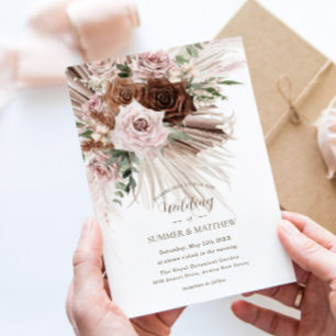 Boho Pampas Grass Dusty Rosa Brown Blommigt Bröllo Inbjudningar
