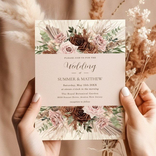 Boho Pampas Grass Dusty Rosa Brown Blommigt Bröllo Inbjudningar (Skapare uppladdad)