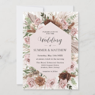 Boho Pampas Grass Dusty Rosa Brown Blommigt Bröllo Inbjudningar