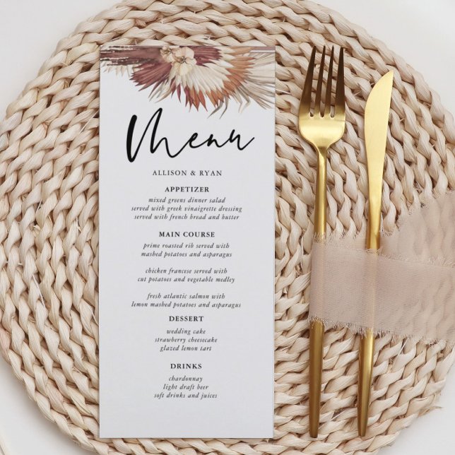 Boho Pampas Grass Earthy Bröllop Menus Meny (Skapare uppladdad)
