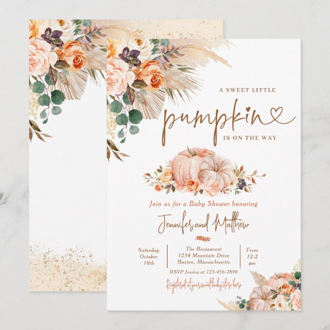 Boho Pampas Grass Fall Blommigt Pumpkin Baby Showe Inbjudningar (Fram/baksida)