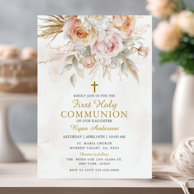 Boho Pampas Grass First Heliga Communion Inbjudningar (Skapare uppladdad)