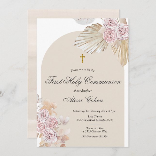 Boho Pampas Grass First Heliga Communion Inbjudningar (Fram/baksida)