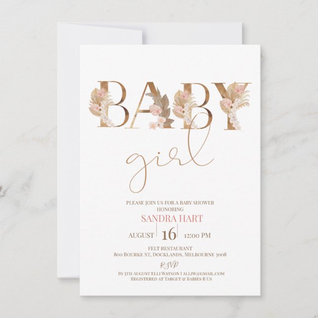 Boho Pampas Grass Flicka Baby Shower-inbjudan Inbjudningar (Framsida)