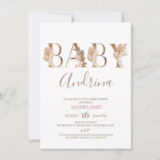 Boho Pampas Grass Flicka Namn Baby Shower Inbjudningar (Framsida)
