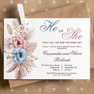 Boho Pampas Grass Gender Reveal Inbjudningar