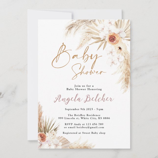 Boho pampas Grass Girl Baby Shower Inbjudningar (Framsida)