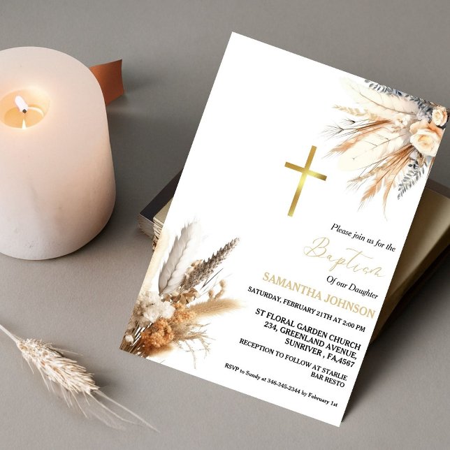 Boho Pampas Grass Girl Baptism Christening Inbjudningar (Skapare uppladdad)