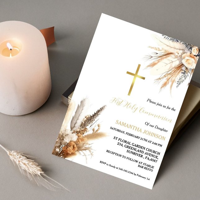 Boho Pampas Grass Girl First Heliga Communion Inbjudningar (Skapare uppladdad)