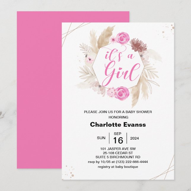 Boho Pampas Grass Girl Rosa Flowers Baby Shower Inbjudningar (Fram/baksida)
