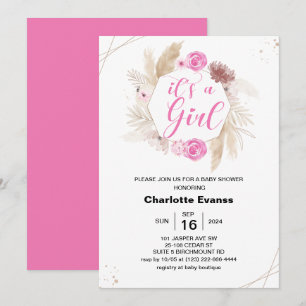 Boho Pampas Grass Girl Rosa Flowers Baby Shower Inbjudningar