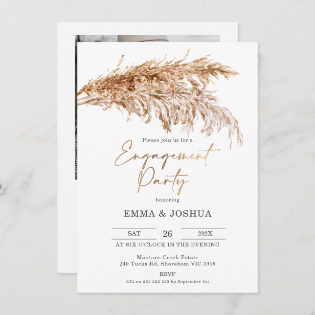 Boho Pampas Grass Guld Calligraphy Förlovning Inbjudningar (Fram/baksida)