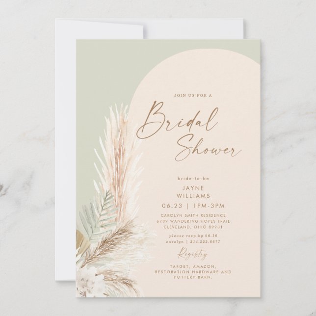 Boho Pampas Grass Guld Geometric Sage Möhippa Inbjudningar (Framsida)
