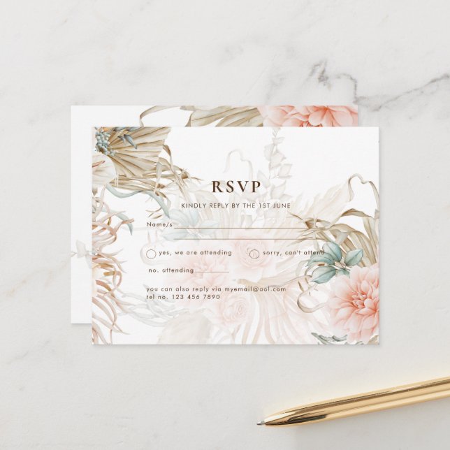 BOHO Pampas Grass Gult Bröllop vykort (Fram/Back In Situ)