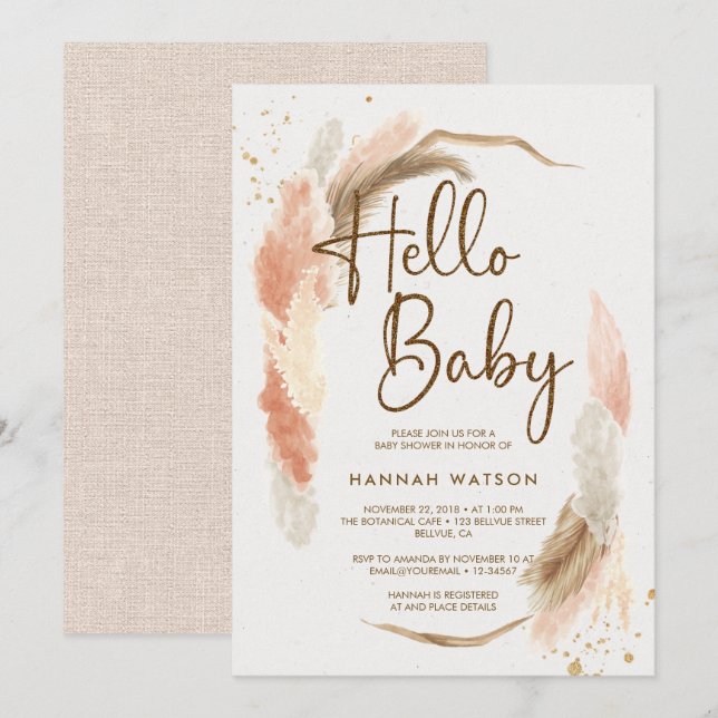 Boho Pampas Grass Hej Baby Shower Inbjudningar (Fram/baksida)