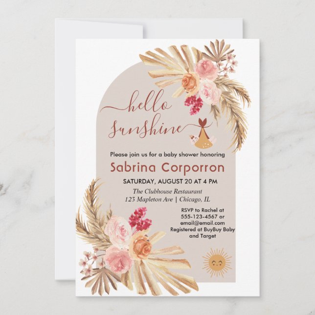 Boho Pampas Grass Hej Sunshine Girl Baby Shower Inbjudningar (Framsida)