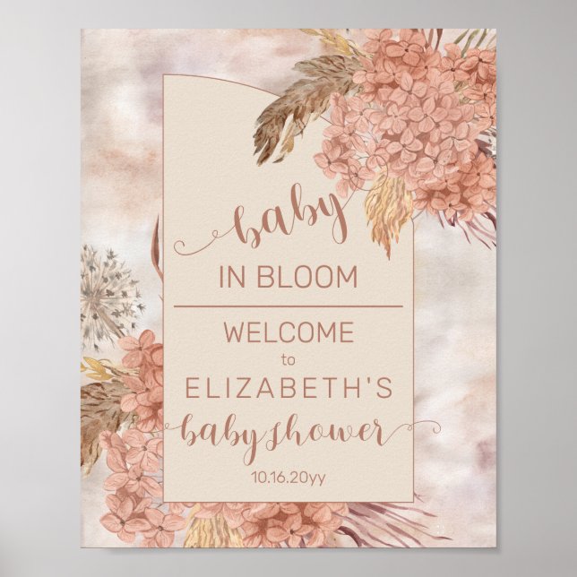 Boho Pampas Grass | Hydrangeas Baby Shower Välkomm Poster (Framsidan)