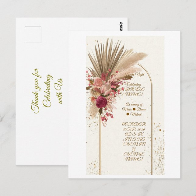 Boho Pampas Grass Mehndi Natt Inbjudan Mall (Fram/baksida)