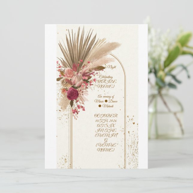 Boho Pampas Grass Mehndi Natt Inbjudan Mall (Stående Fram)