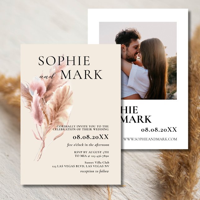 Boho Pampas Grass Minimalist With Photo Inbjudningar (Skapare uppladdad)