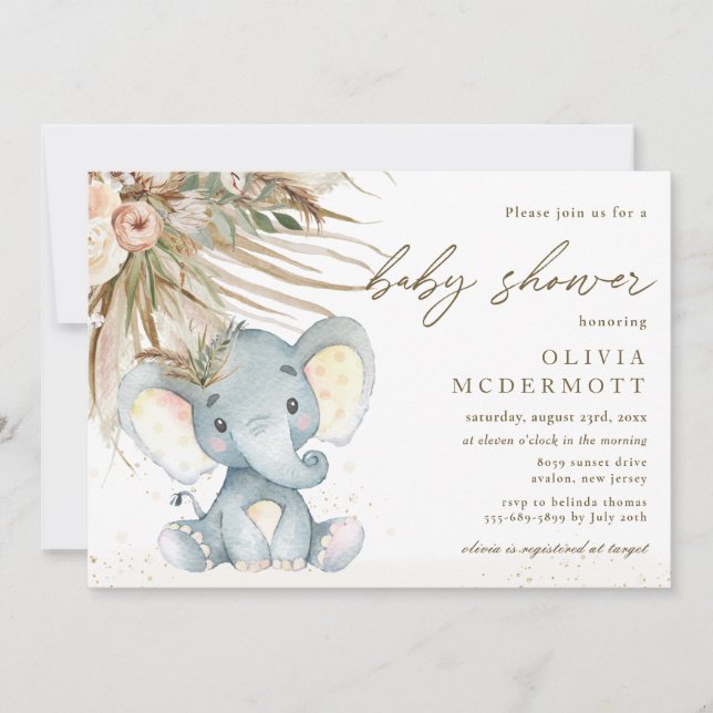 Boho Pampas Grass Neutralt Elephant Baby Shower Inbjudningar (Framsida)
