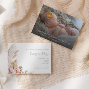 Boho Pampas Grass Nyfödd bebis Photo Announcement Anteckningskort