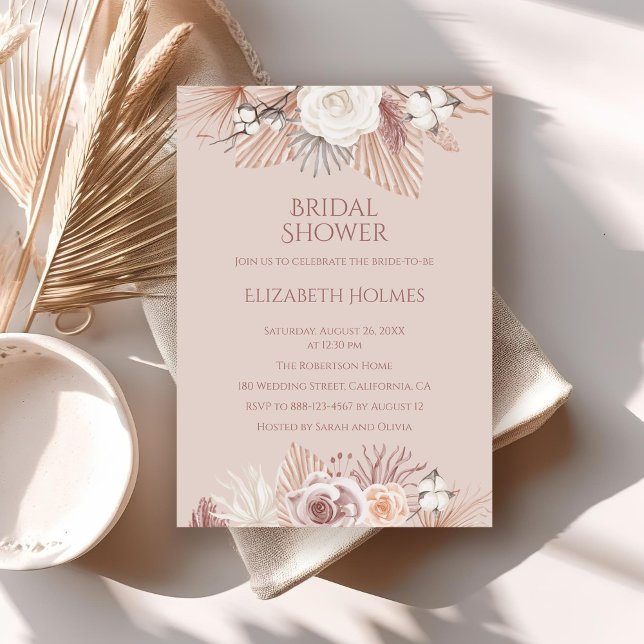 Boho  Pampas Grass och Torkade blommor Inbjudningar (Boho Blush Pampas Grass and Dried Flowers Invitation on a neutral boho table.)