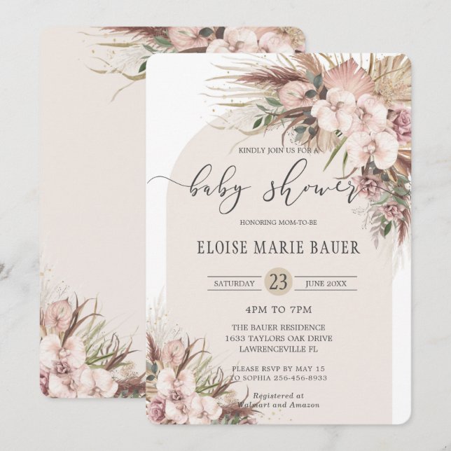 Boho Pampas Grass Orchid Blommigt Arch Baby Shower Inbjudningar (Fram/baksida)
