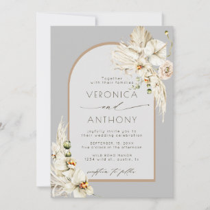 Boho Pampas Grass Orchid Blommigt Bröllop Grått Inbjudningar