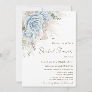Boho Pampas Grass Pastel Blue Blommigt Möhippa Inbjudningar