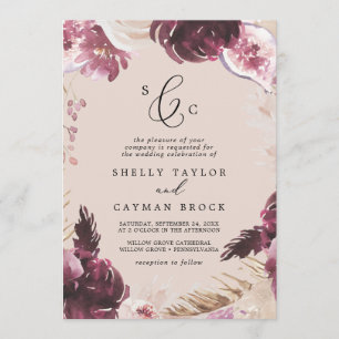 Boho Pampas Grass Perfekt Monogram Bröllop Inbjudningar